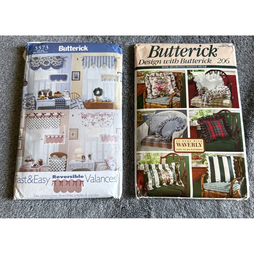 Lot 2 Butterick Sewing Patterns 5573 Reversible Valance And Decor Pillows Uncut